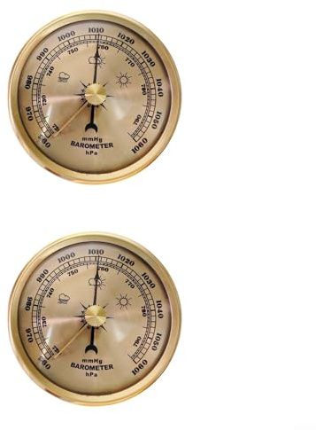 Cloudpower 3-in-1 Mechanische Metall-Barometer-Uhr, Vintage-Metallrahmen, Barometer mit Thermometer, Hygrometer für Innen-Wettervorhersage, Zeitanzeige (goldfarben, 2 Stück)