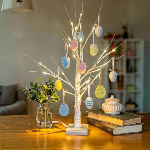 REDSTAR White Easter Tree with Lights and Hanging Easter Egg Decorations - Micro USB or Battery Operated 60cm Tabletop White Twig Tree with Lights and Hanging Egg Decorations