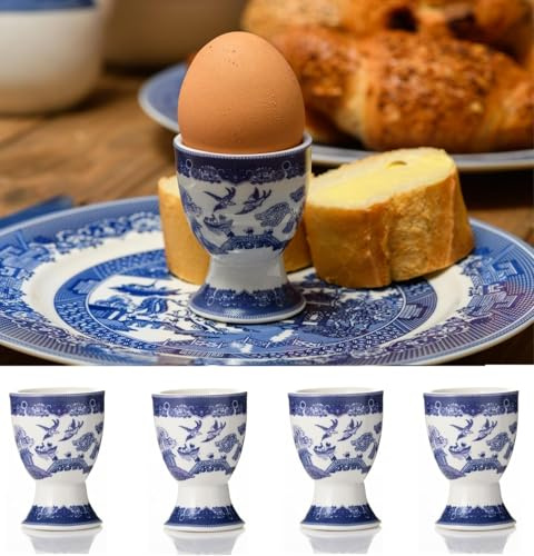 AuraHome Blue Willow Eggcups Set of 6 Height 7cm x 5cm Width Glazed Iconic Elegant Blue-Printed Scene on White Porcelain Depicts Nature Historical Imagery Collectible