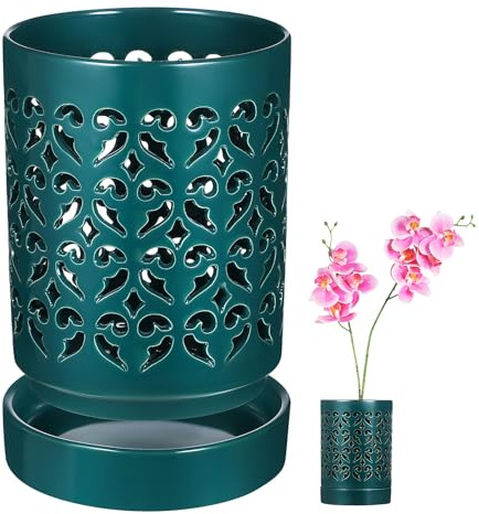 PACKOVE Planter Resistant to Wear and Tear Orchid Ceramic Pot with Holes and Saucer, Sturdy Green Cylinder Flower Pot Beautiful Hollow out Pattern for Indoor Gardening for Orchid Plants