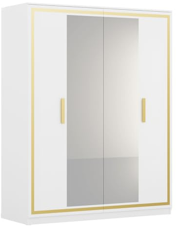 Armoire 4 Portes Laquée Blanc et Décor Doré avec Miroirs - ALEON