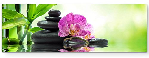 Paul Sinus Art Leinwandbilder | Bilder Leinwand 150x50cm pinke Orchideen schwarze Steine und Bambus auf dem Wasser