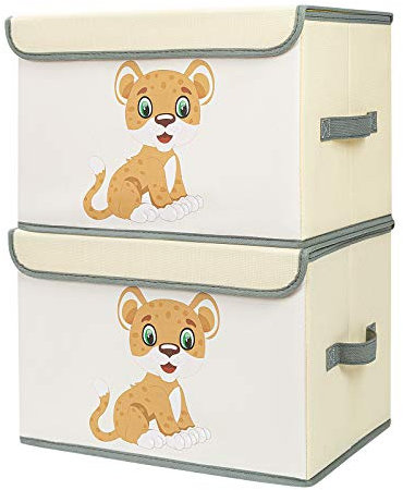 DIMJ Scatole Portaoggetti - Contenitore Porta Giochi per Bambini Contenitori Pieghevoli con Maniglie e Coperchio, per Camerette Stanza dei Giochi, Vestiti e Libri, 38 x 25 x 25 cm, Set di 3 (Beige)