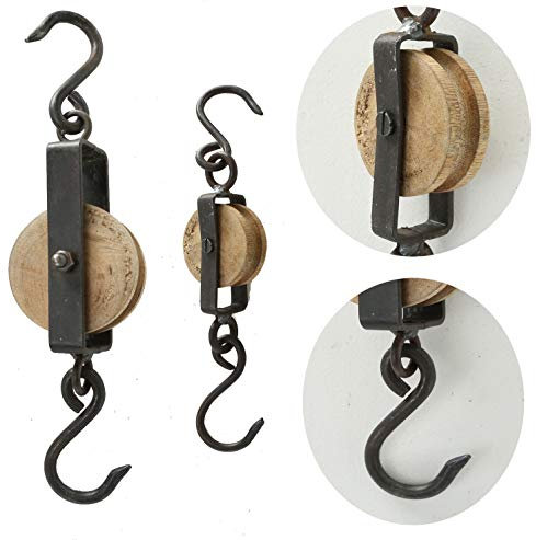 LS-LebenStil 2x Vintage Loft Flaschenzug - Set 2 Stück - 20-27cm - Braun Schwarz - Holz Schiffsblock - Haken Deckenhaken Wandhaken zum Aufhängen für Lampen Pflanzen Blumen Dekoration Umlenkrolle