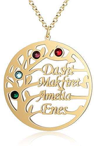 Kaululu Personalised Womens Tree of Life Necklace with Engraved 2 to 4 Family Names Simulated Birthstones BFF 925 Sterling Silver Pendant for Mother Grandma Birthday Jewellery Gift (Gold, 3 name)