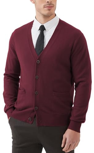 Kallspin Maglione da Uomo Cardigan con Scollo a V in Lana(Borgogna,L)