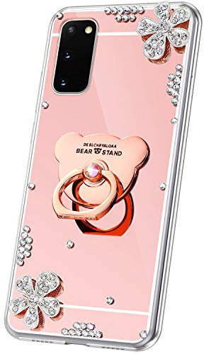 Kompatibel mit Samsung Galaxy S20 Hülle,Galaxy S20 Handyhülle,Glitzer Strass Diamant Blumen Spiegel Hülle TPU Silikon Hülle Schutzhülle Case Handytasche mit 360 Grad Ring Ständer,Rose Gold