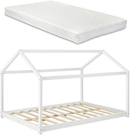 [en.casa] Kinderbett mit Matratze 120x200cm Hausbett mit Kaltschaum-Matratze ÖKO-Tex Standard 100 Bettenhaus Spielbett Kiefernholz Weiß