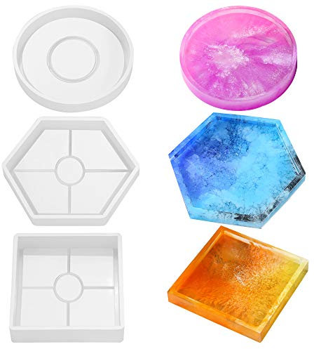 Lot de 3 moules à dessous-de-verre en silicone SourceTon comprenant rond, carré, hexagonal, moules pour moulage avec résine, ciment.