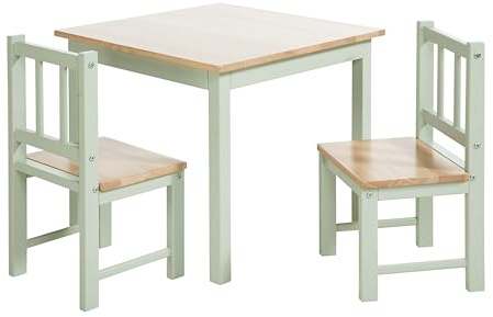 Bomi Kindersitzgruppe Holz Amy | Kindertisch mit 2 Stühlen | Tisch & Stühle Kinderzimmer Set | Spieltisch in Natur und Grün | Kindertisch für drinnen | Maltisch & Basteltisch Kinder