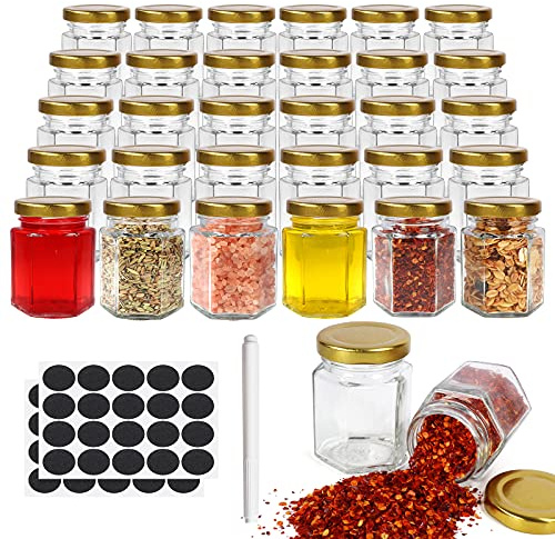 SHiZAK Lot de 30 bocaux hexagonaux en verre avec couvercles dorés, 90 ml, bocaux en verre transparent pour miel, épices, bocaux Mason pour herbes, confitures, cadeaux de douche, cadeaux de mariage