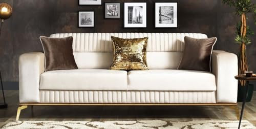 Casa Padrino Luxus Schlafsofa Creme/Braun/Gold 225 x 92 x H. 83 cm - Wohnzimmer Sofa mit 3 Kissen - Luxus Wohnzimmer Möbel