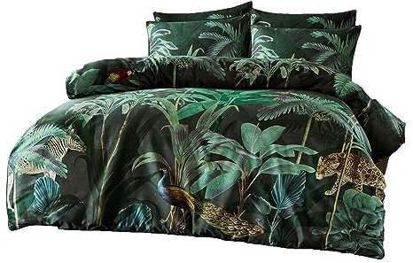 Paoletti Siona Duvet Cover Set – Wild Animals Luxe Cotton Bedding (Midnight Green – Double)