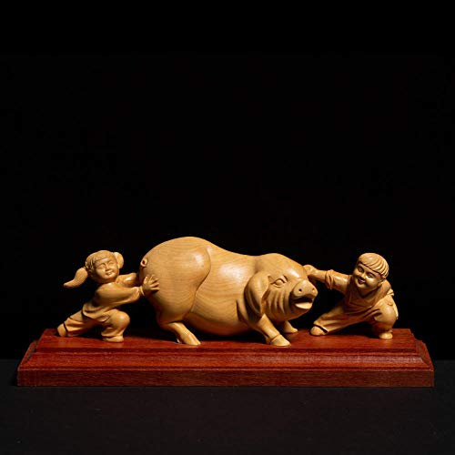 Figuren Skulpturen Statuen Dekoartikel Skulptur Zwei Kinder, Die Mit Schwein-Tier-Buchsbaum-Skulptur-Statue Spielen