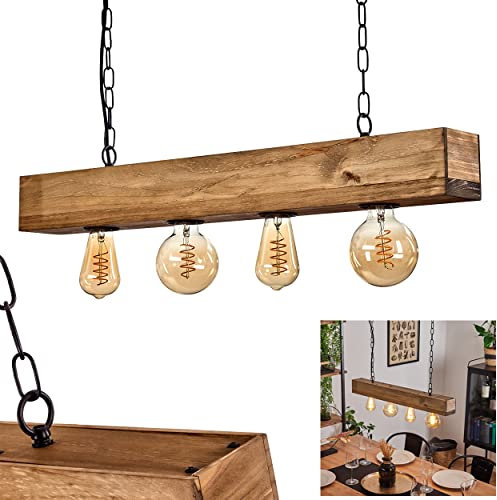 HOFSTEIN Pendelleuchte Berat, längliche Hängelampe aus Metall/Holz in Schwarz/Dunkelbraun, moderne Leuchte mit Holzbalken und Ketten-Gliedern, 4-flammig, 4 x E27, für Esszimmer, Wohnzimmer, Küche