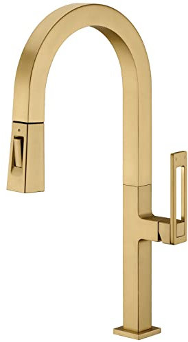 TRUSTMI Einloch-Küchenarmatur mit herausziehbarem Sprüher, quadratische Form, schwenkbar, hoher Bogenschwanenhals, gebürstetes Messing, goldfarben