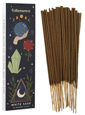 Folkulture White Sage Incense Sticks - Pack of 75 Insenses for Cleansing- Natural and Non - Toxic Inscents Sticks for Relaxation - Slow Burning Aroma Sticks for Christmas (White Sage)
