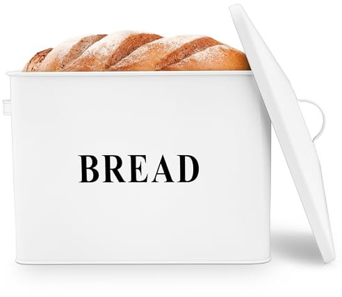 Herogo Bread Bin, Extra-Large Metal Bread Box for Kitchen, Vintage Tall Loaf Holder with Lid, Space Saving White Loaf Storage Bins for Countertop, Holds 2 Loaves, 33x24.5x19 cm