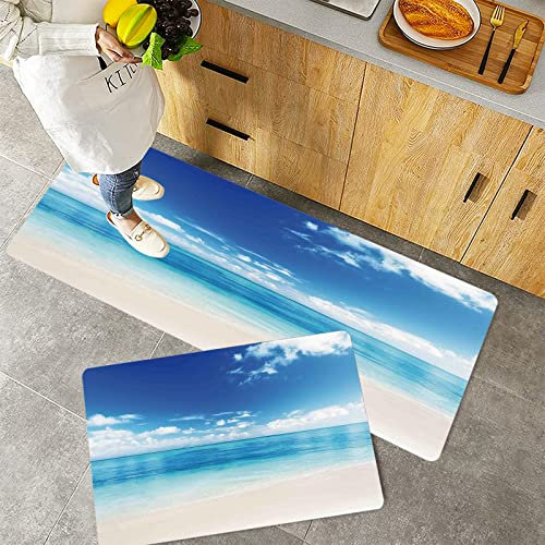 Küchenteppich Teppich Läufer Küchenläufer 2 Stück rutschfest,Ocean Decor, Atlantik Dominikanische Karibik Insel Strandblick im Sommer mit blauem Meer u, Waschbar für Flur Küche 40 x 100 cm+40 x 60 cm