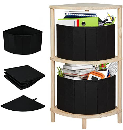 TOONGEEN Corner Shelf Unit Natural Wooden with 2 Storage Box, 3 Tier Small Corner Standing Storage Shelving Rack Unit for Living Room, Hallway, Kitchen & Bathroom, 31.5x31.5x70.5cm