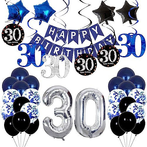30. Geburtstag Deko Set für Jungen und Mädchen - Happy Birthday Banner, Girlande, Wimpel, Folienballons in Marineblau und Silber