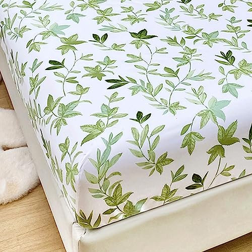 Odot Spannbettlaken für Boxspringbetten, Pflanze Muster Spannbetttücher Mikrofaser bis 25cm, Superweiches Spannbetttuch Bettlaken für Kinder Einzelbett Doppelbett (180x200x25cm,Grüne Blätter)
