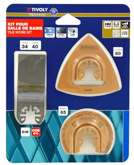 TIVOLY - Lames Oscillantes Salle de Bains -Denture Acier Cobalt - Lame Carbure Ø65 mm + Râpe Tringulaire 80 mm + Lame Plongeante Bi-Métal 34 mm - Pour Faïence, Carrelage, Tuyaux Cuivre et Métal