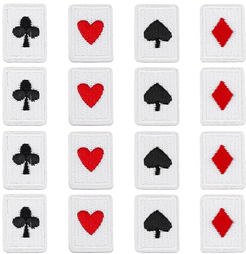 SUPERFINDINGS 48Pcs 4 Style Playing Cards Patch Polyester Iron on/Sew on Poker Appliques Patches Red Black Heart Patches Card Suits Diamonds Spades Patch for Clothes Craft