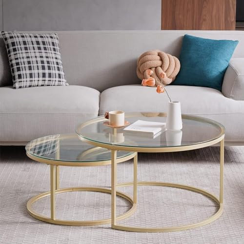 EGOONM 2er Set Rund Couchtisch, Runder Moderner Glastisch mit Goldem Metallrahmen, (80 * 80 * 45cm+60 * 60 * 35cm)