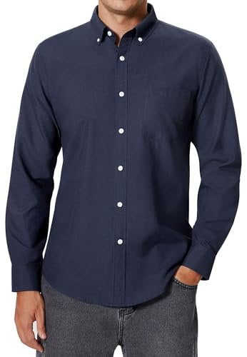 siliteelon Men's Oxford Shirt Long Sleeve Smart Casual Plain Regualr Fit Button Down Shirts with Pockt Navy Blue XXL