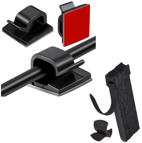 IBRIQO® 60 Clips Adhesivos para Cables + 10 Bridas Reutilizables para Organizador de Cables | Sujeta Cables Adhesivos de Mesa y Pared | Ordenar Cables en Escritorios y Oficinas (Negro)