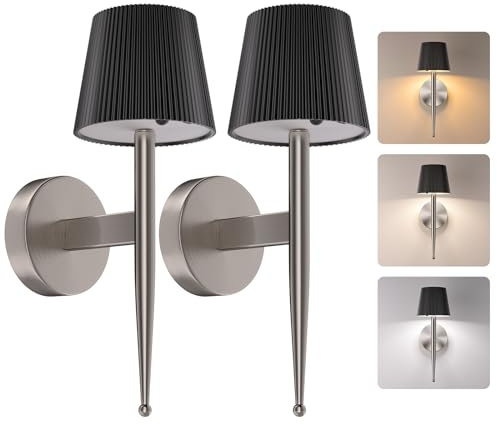 Lithomy Batteriebetriebene Wandleuchte 2er-Pack, wiederaufladbare 2-in-1-Solar-Wandleuchte mit dimmbarer Farbtemperatur, moderne Wandleuchte ohne Kabel, Wandleuchten für Wohnzimmer/Flur/Außen,Schwarz