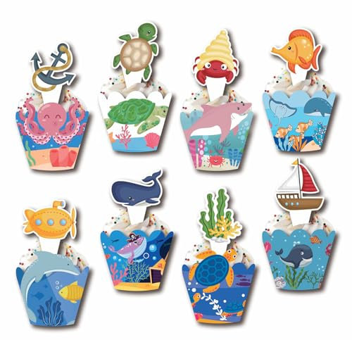Cupcake-Topper und Wrapper, Set mit 48 Cupcake-Dekorationen, unter dem Wasser, Party-Dekorationen, für Kinder, Jungen, Mädchen, Geburtstag, Babyparty, Partyzubehör