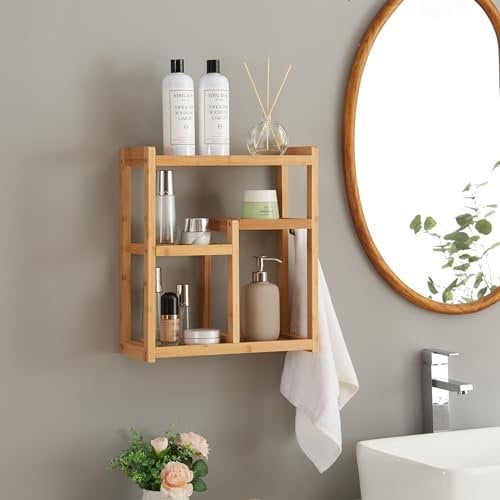[en.casa] Étagère Murale avec 5 Surfaces de Rangement et Crochet pour Serviettes Idéale pour Salle de Bain Toilettes Cuisine Entrée Bambou 42 x 37 x 17 cm Naturel
