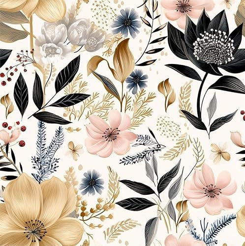 MuralPeel Papier peint autocollant pour chambre à coucher, armoire, locataire, blanc/rose/doré, motif fleurs noires, bleues, vintage, autocollant, amovible, facile à décoller