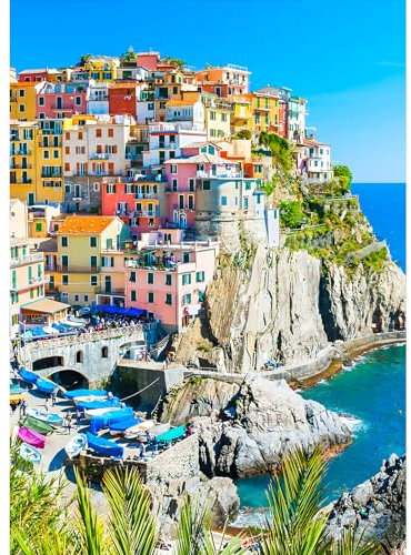 DPHERO DIY Cinque Terre Diamant Painting Bilder für Erwachsene Anfänger,5D Dorf am Meer Diamond Painting Set,DIY Runde Steine Seascape Diamant Kunst Kits, Diamant Painting für Zuhause Dekor 30x40 cm