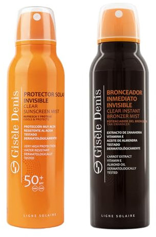 GISÈLE DENIS - Pack Solar en Spray Invisible, Bronceador Inmediato Invisible 200 ml + Protector Solar Invisible 200 ml Protección FPS50+, Acelerador del Bronceado, Resistente al Agua, Uso Diario