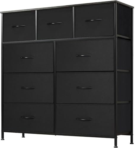 DUMOS Kommode mit Schubladen - Kommoden & Sideboards für Schlafzimmer Geeignet, Komodenschrank mit 9 Schubladen, Stoffkommode mit Stabilem Stahlrahmen, Ideal für Schlafzimmer, Wohnzimmer (Schwarz)