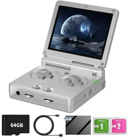 RG35XXSP Consoles de jeux portables à clapet avec carte TF intégrée 64 Go Plus de 5 000 jeux Style portable Flip Hand Held Console de jeu vidéo Linux Système Linux avec étui (Argent)