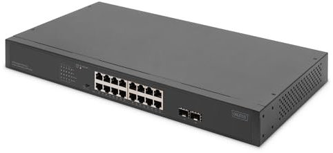 DIGITUS Switch di rete PoE da 19 pollici - 16 porte Gigabit + 2 porte Gigabit SFP - Non gestito - VLAN - 250W PoE power budget - 10/100/1000 Mbit/s - nero