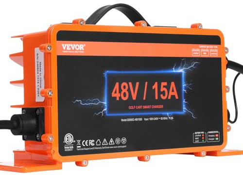 VEVOR Chargeur de Batterie pour voiturette de Golf 48 V, Chargeur Batterie Intelligent avec Prise RXV, 15 A, Compatible avec Batteries au Plomb AGM/Gel/EFB MF inondées NMC LiFePO4 pour EZGO TXT, IP67