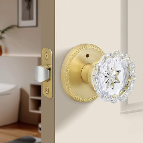 Moquin Türknauf aus Glas mit Privatsphäre-Taste, Vintage-Stil, Kristall-Türknauf, schlüssellos, satiniertes Messing, Kristall-Türknauf für Badezimmer/Schlafzimmer