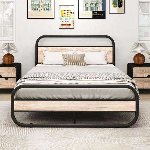 HOMERECOMMEND 5ft King Size Bed Frame with Headboard,Heavy Duty Metal Platform Bed Frame King Size with Storage,Steel Slats Mattress Foundation Round Pipe Design,Maple