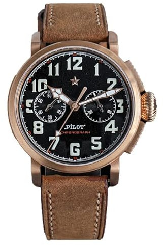 Seestern Sugess Pilot Chronograph Mechanisch Bronze Schwarz Leder Saphir Herrenuhr, bronze, Armband