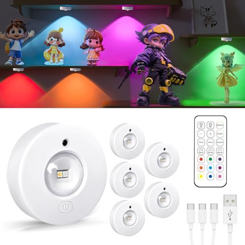 USB Aufladbar LED Spots Akku, Schrankbeleuchtung Kabellos mit Fernbedienung, Farbwechsel Led Unterbauleuchte, Magnetisch Dimmbar Schrankbeleuchtung, Vitrinenbeleuchtung mit Timing Funktion(6er Pack)