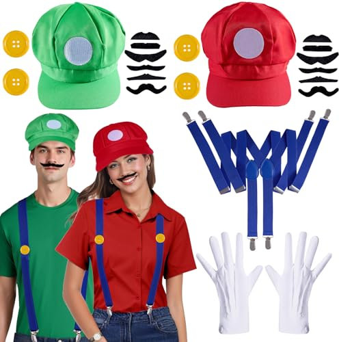 Puddry Mario und Luigi Kostüm, Super Bro Mario und Luigi Mütze, Cosplay Kostüm Accessorie für Faschingkostüme Karneval Halloween Cosplay für Kinder Erwachsene Damen Herren