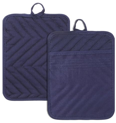 Sibba Pot Holders with Pocket, 2Pcs Cotton Heat Resistant Potholder, 7 x 9 Inch Trivets Large Coasters, Baking Square Oven Mitts for Kitchen and Baking (Blue)