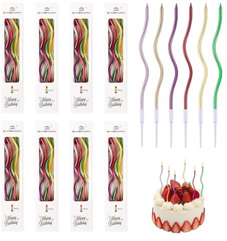 48 Stück Gebogen Geburtstag Kerzen, Spiral Kuchen Kerzen Metallisch Mischfarbe Dünn und Lange Geburtstagskerzen mit Halter für Kuchen und Cupcakes, Ideal für Geburtstag und Hochzeitsparty Dekoration