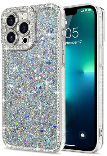 Lafunda for iPhone 13 Pro Case for Womens Girls, Luxury Bling Glitter Diamond Crystal Festival Shiny Case Camera Protection Shockproof Silicone TPU Phone Cover for iPhone 13 Pro 6.1, Silver
