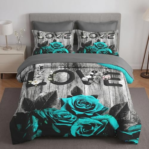 WeCozy 7-teiliges Queen-Size-Bettdecken-Set mit 2 Kissenbezügen und 2 Kissenbezügen, Cyan-Rosen-Blumen-Liebe-Bettwäsche für Kinder und Erwachsene, Sommer-Vintage-Holzbrett-Bett in Einer Tasche mit